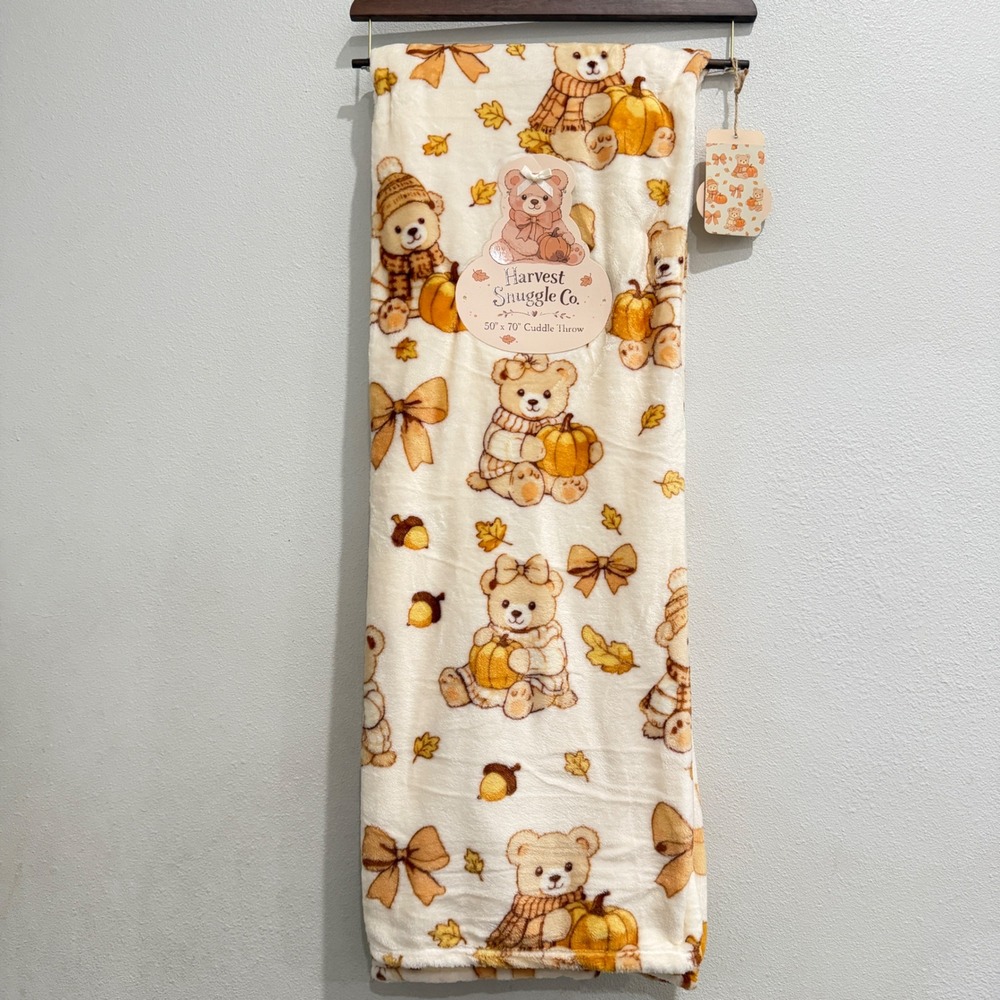 NEW Harvest Snuggle Co Cuddle Throw Blanket Harvest Teddy Bear Pumpkin Bows